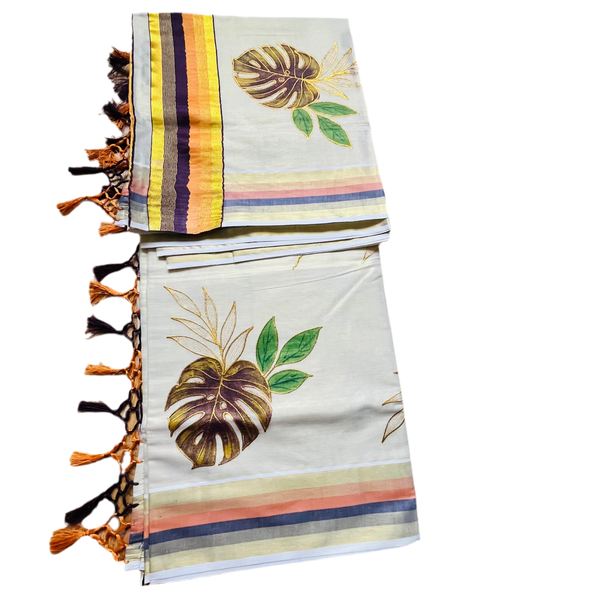 Kerala set Saree, multicolour border with orange and green designs with Embroidery.