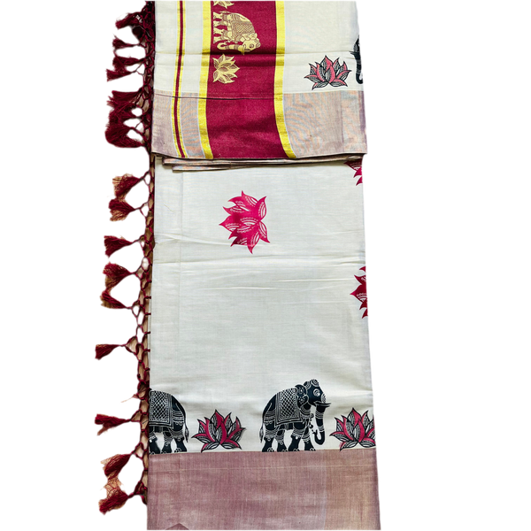 Kerala Set Saree with wide border, Elephant and Lotus print