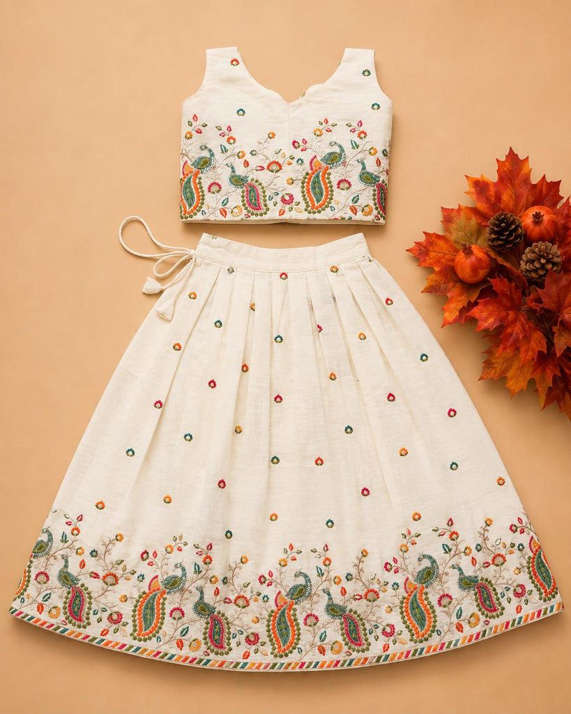 Girls' Embroidered Crop Top & Flared Skirt Set