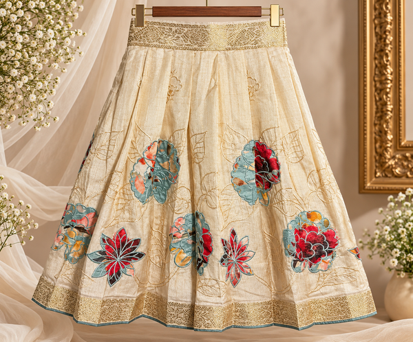 Ivory Gold Floral Embroidered Long Skirt with Aqua Blue Multicolour Floral Print Crop Top for Girls (1–14 Years)
