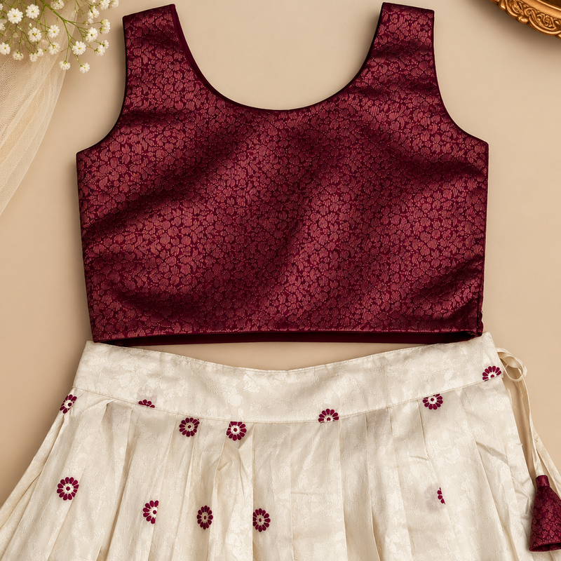Girls’ Ivory Embroidered Long Skirt with Wine Brocade Crop Top | 1–14 Years