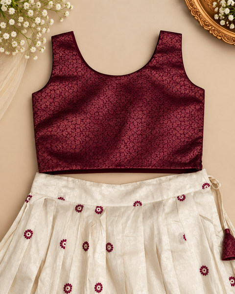 Girls’ Ivory Embroidered Long Skirt with Wine Brocade Crop Top | 1–14 Years