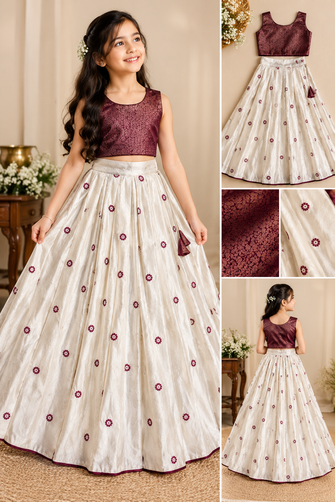 Girls’ Ivory Embroidered Long Skirt with Wine Brocade Crop Top | 1–14 Years