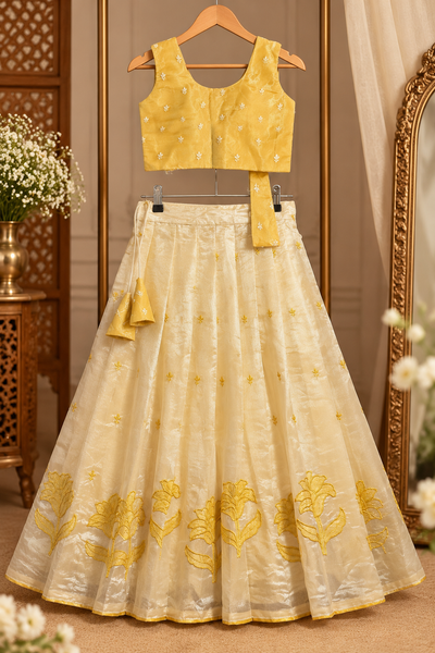 Yellow Organza Long Skirt & Crop Top Set with Appliqué and Embroidery Work