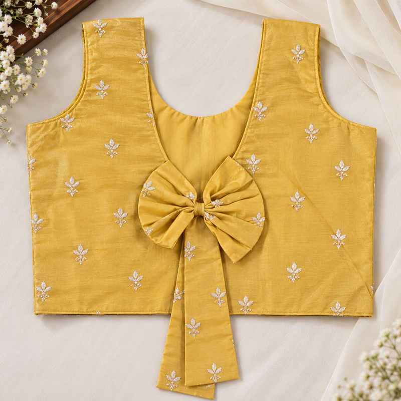 Yellow Organza Long Skirt & Crop Top Set with Appliqué and Embroidery Work
