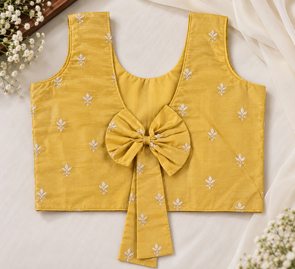 Yellow Organza Long Skirt & Crop Top Set with Appliqué and Embroidery Work