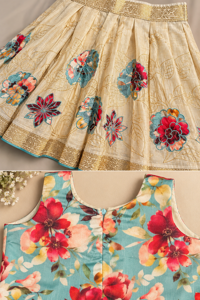 Ivory Gold Floral Embroidered Long Skirt with Aqua Blue Multicolour Floral Print Crop Top for Girls (1–14 Years)