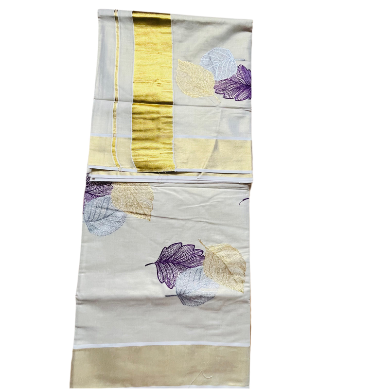 Kerala Set Saree with Embroidery leaf pattern and Golden Zari Border.