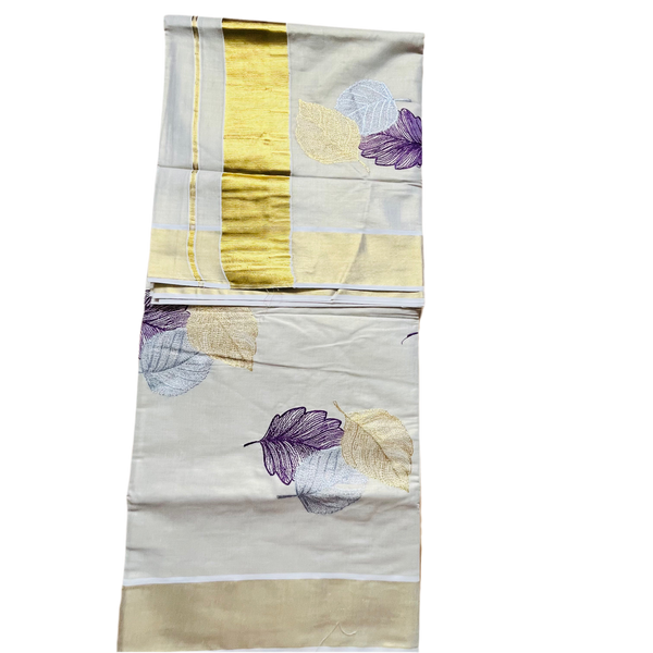 Kerala Set Saree with Embroidery leaf pattern and Golden Zari Border.