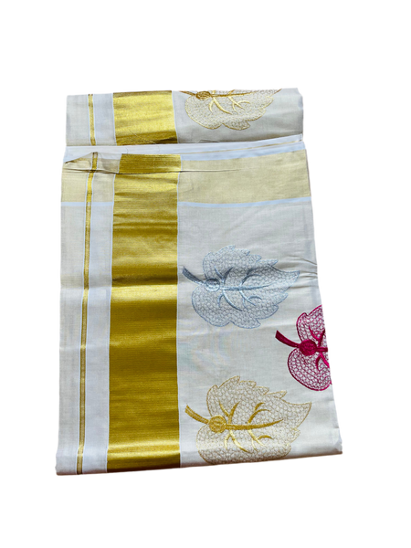 Kerala Set Saree with Embroidery leaf pattern and Golden Zari Border.