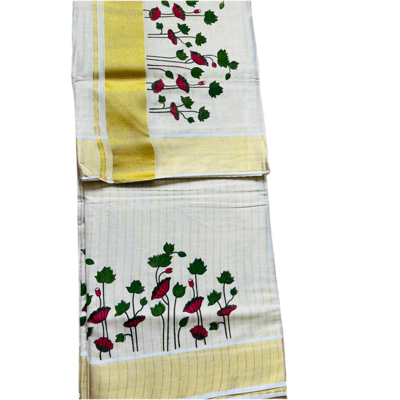 Kerala Set Saree With Golden Stripes, Lotus and flower print and Zari Golden Border.