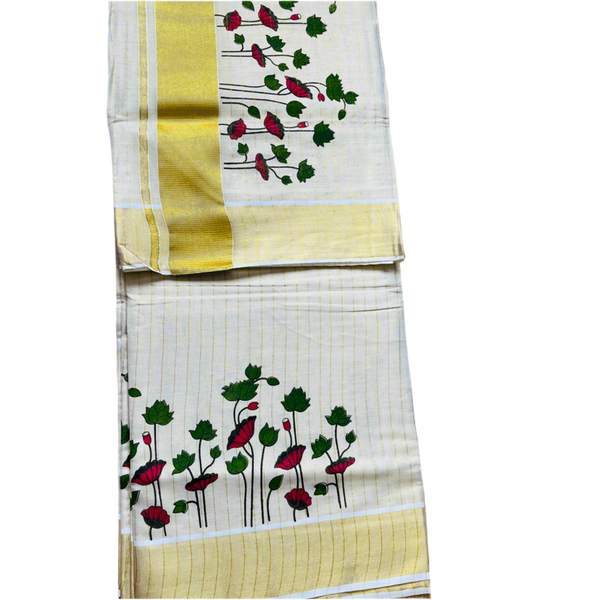 Kerala Set Saree With Golden Stripes, Lotus and flower print and Zari Golden Border.