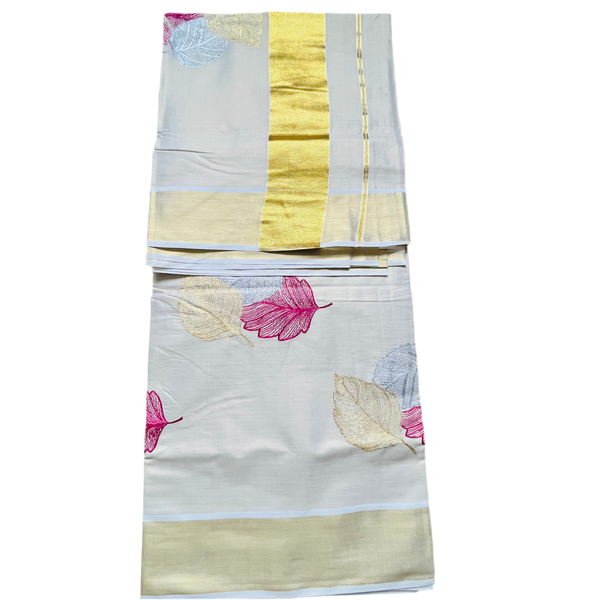 Kerala Set Saree with Embroidery leaf pattern and Golden Zari Border.