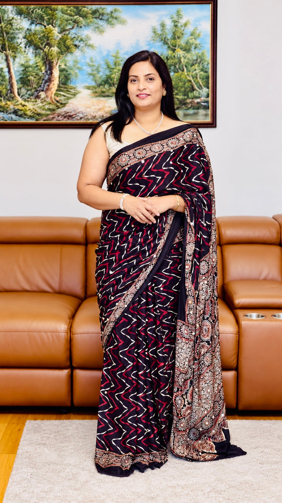 Premium Pure Modal Silk Ajrakh Hand Block Print Saree with Real Mirror Work – Black & Red