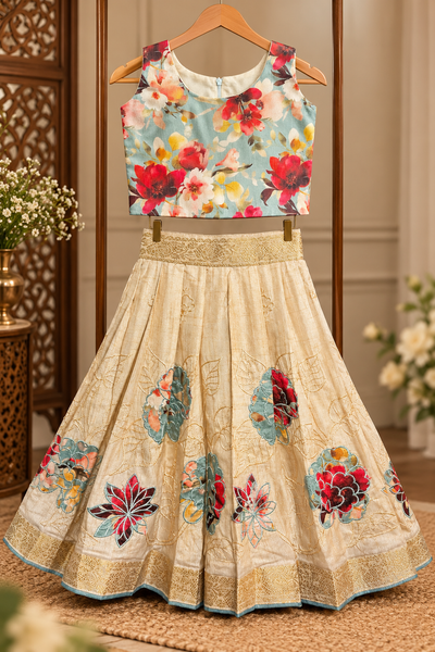 Ivory Gold Floral Embroidered Long Skirt with Aqua Blue Multicolour Floral Print Crop Top for Girls (1–14 Years)