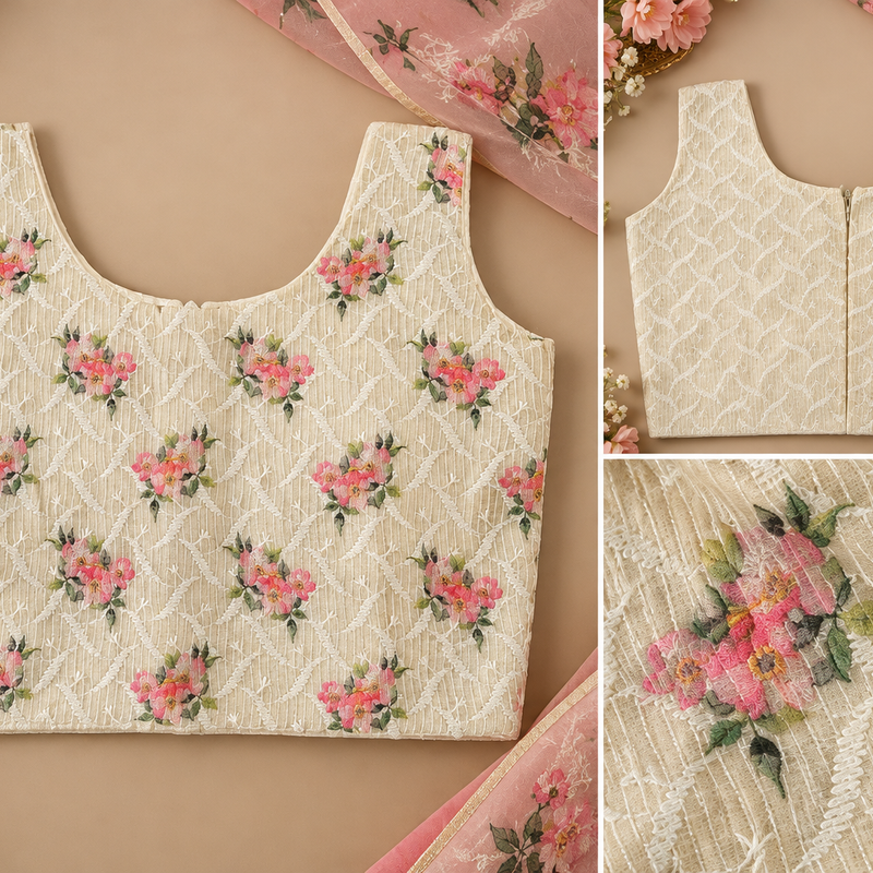 Ivory Floral Jacquard Long Skirt & Crop Top Set