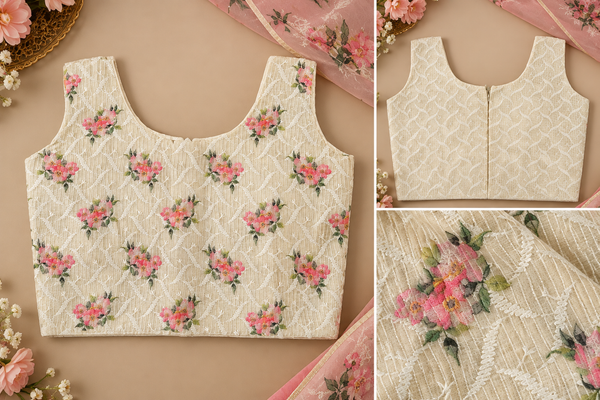 Ivory Floral Jacquard Long Skirt & Crop Top Set