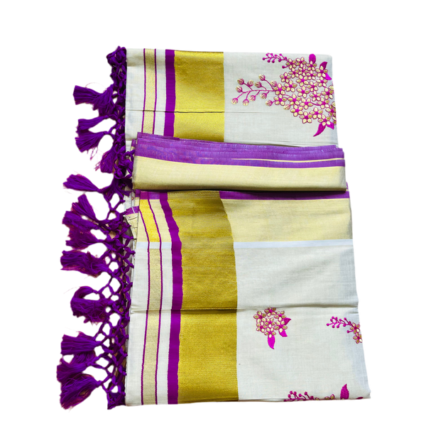 Kerala Set Saree flower Embroidery, Tassels and golden Zari Border.