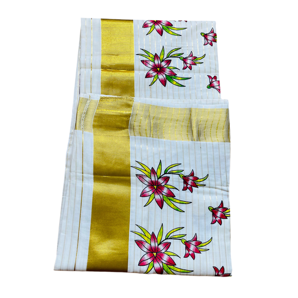 Kerala Set Saree with Golden Stripes and Border and Flower Designs.