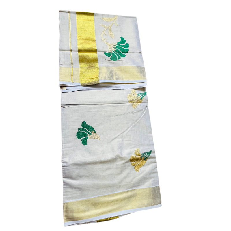 Kerala Set Saree with flower Embroidery all over, wide border with Gold Zari and flower Embroidery.