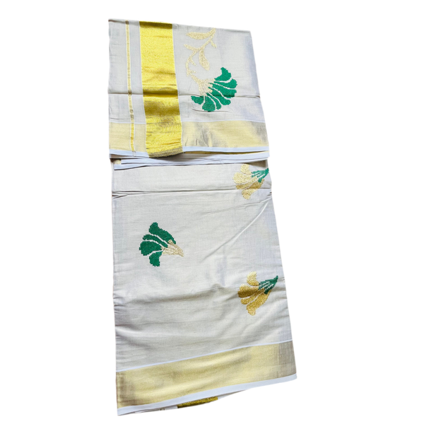 Kerala Set Saree with flower Embroidery all over, wide border with Gold Zari and flower Embroidery.
