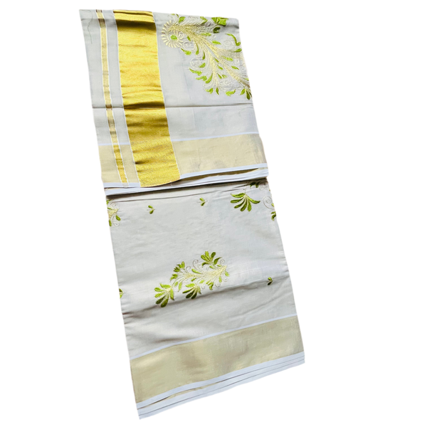 Kerala Set Saree  with flower bunch and thick golden border.