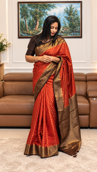 Elegant Rust Orange Semi Banarasi Saree with Rich Antique Gold Zari Border