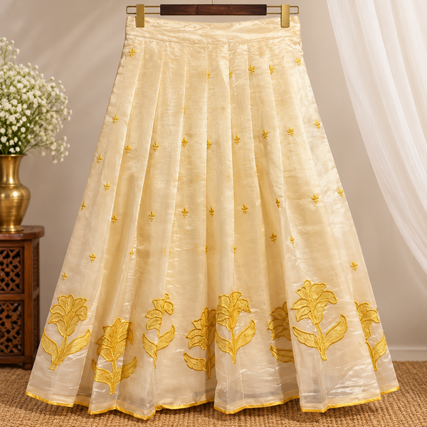 Yellow Organza Long Skirt & Crop Top Set with Appliqué and Embroidery Work