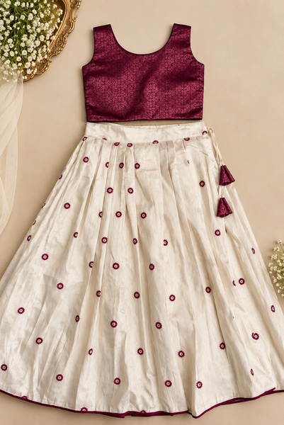 Girls’ Ivory Embroidered Long Skirt with Wine Brocade Crop Top | 1–14 Years
