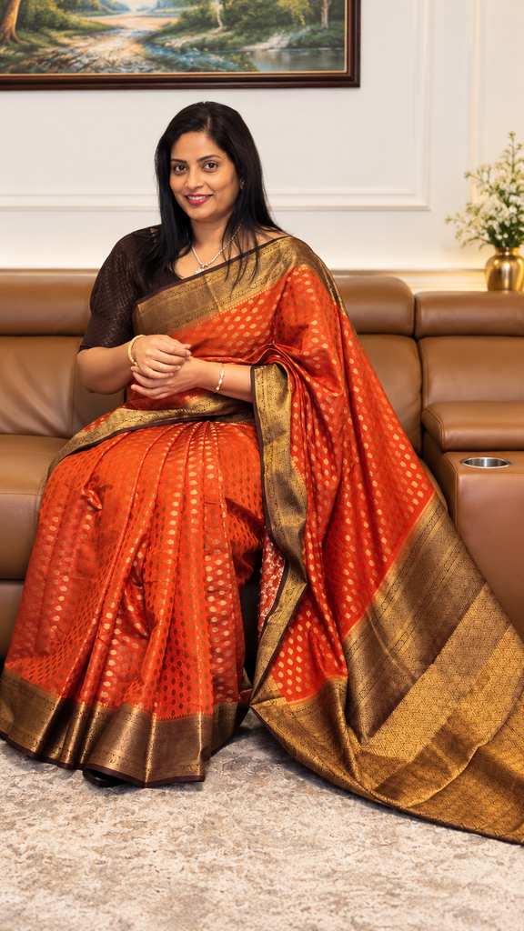 Elegant Rust Orange Semi Banarasi Saree with Rich Antique Gold Zari Border