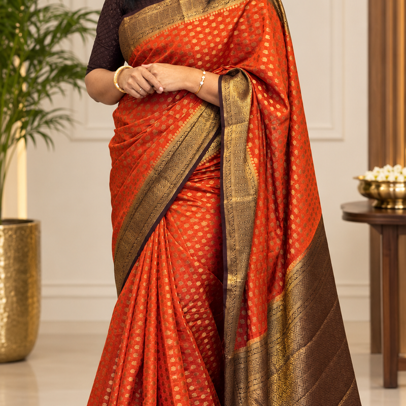 Elegant Rust Orange Semi Banarasi Saree with Rich Antique Gold Zari Border