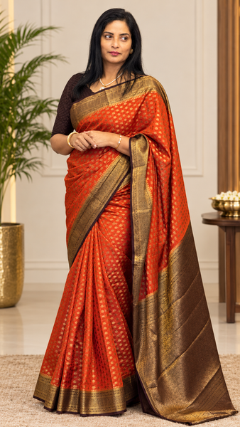 Elegant Rust Orange Semi Banarasi Saree with Rich Antique Gold Zari Border