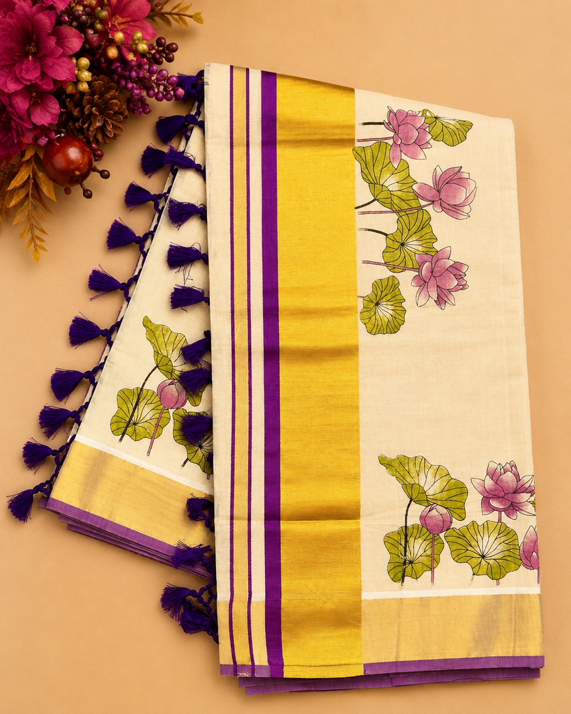 Lotus Print Tissue Kasavu Saree