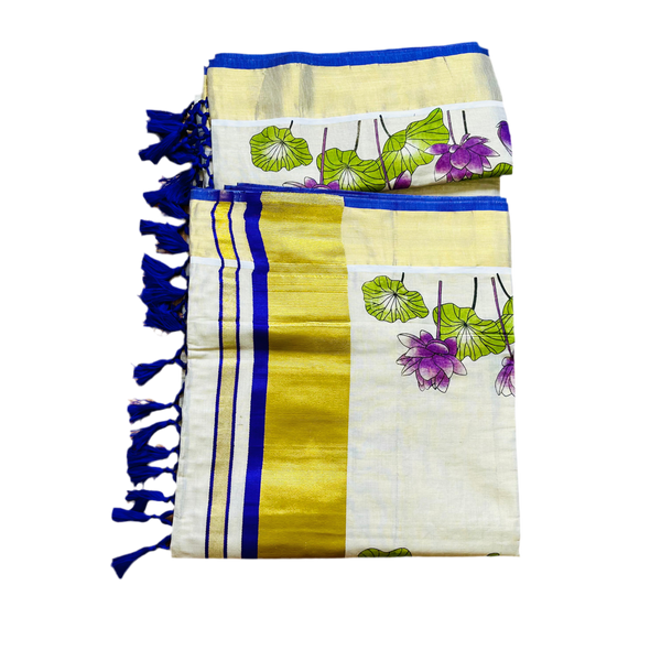 Kerala Set Saree with purple lotus print and Golden Zari border