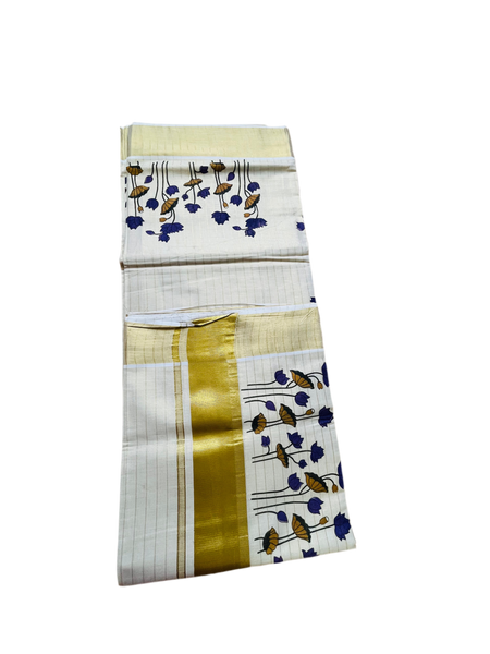 Kerala Set Saree With Golden Stripes, Lotus and flower print and Zari Golden Border.