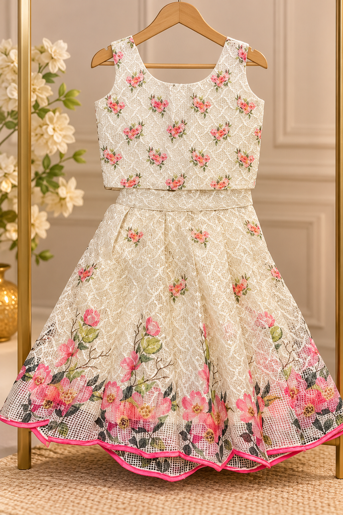 Ivory Floral Jacquard Long Skirt & Crop Top Set