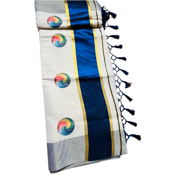 Kerala Set Saree with multicolour round designs and thick contrast border.
