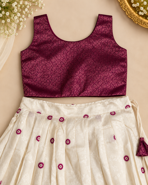Girls’ Ivory Embroidered Long Skirt with Wine Brocade Crop Top | 1–14 Years