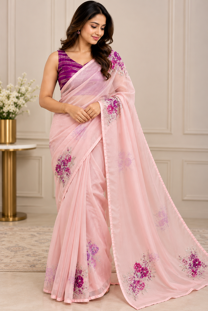 Blush Pink Soft Organza Saree with Digital Floral Print & Handcrafted Beadwork
