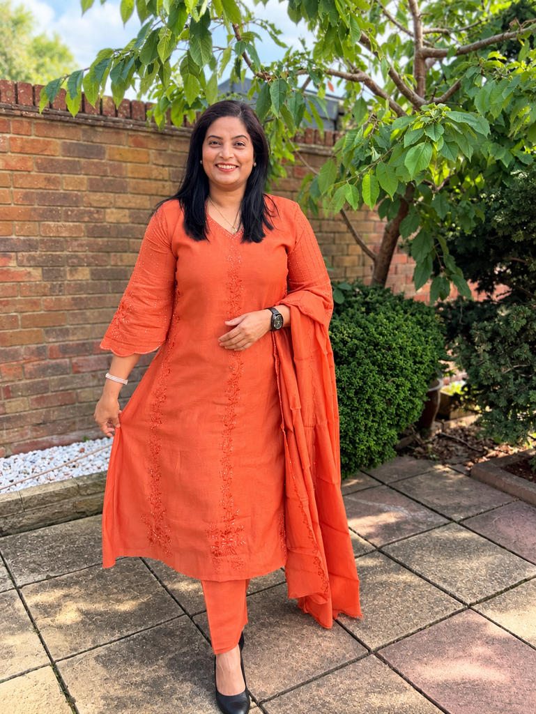 Coral Orange Embroidered Three Piece Kurta Set with Dupatta