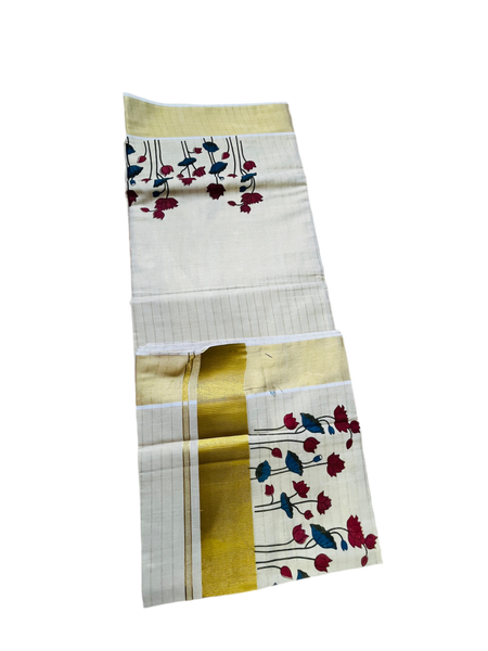Kerala Set Saree With Golden Stripes, Lotus and flower print and Zari Golden Border.