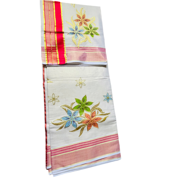 Kerala Set Saree with multicolour flower print with golden embroidery, Red and Gold Border.