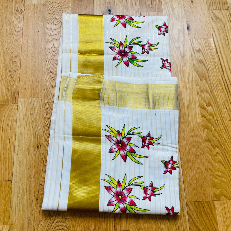 Kerala Set Saree with Golden Stripes and Border and Flower Designs.