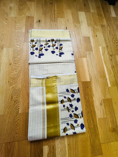 Kerala Set Saree With Golden Stripes, Lotus and flower print and Zari Golden Border.
