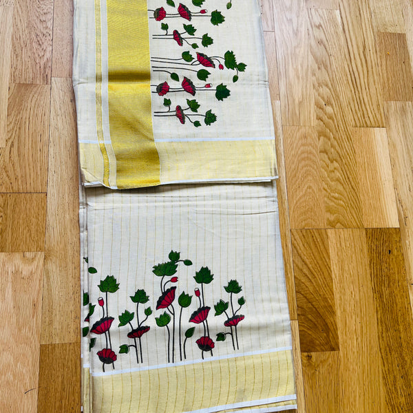 Kerala Set Saree With Golden Stripes, Lotus and flower print and Zari Golden Border.