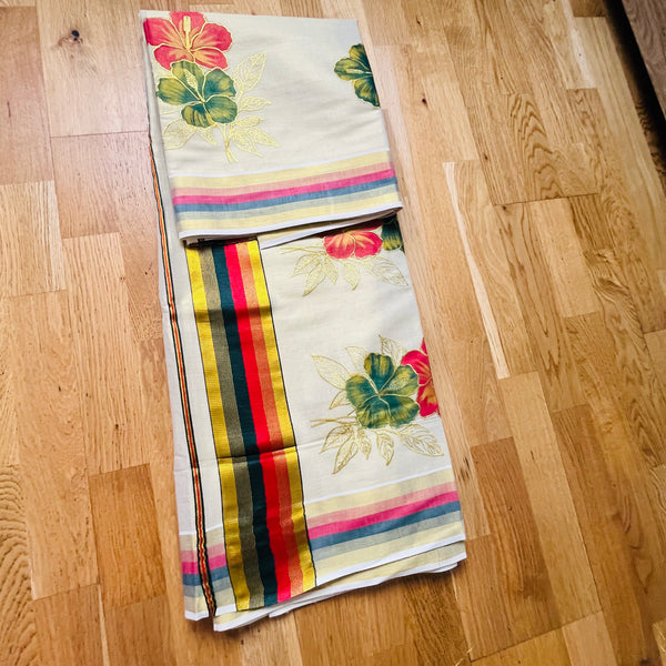 Kerala Set Saree with multicolour flower print with golden embroidery, Red and Gold Border.
