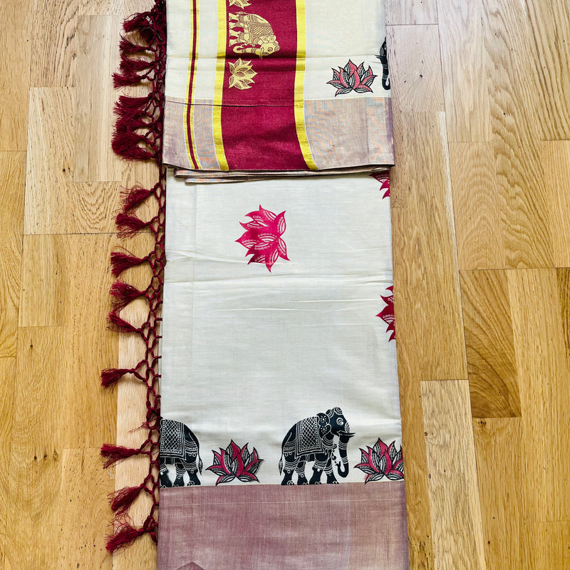 Kerala Set Saree with wide border, Elephant and Lotus print