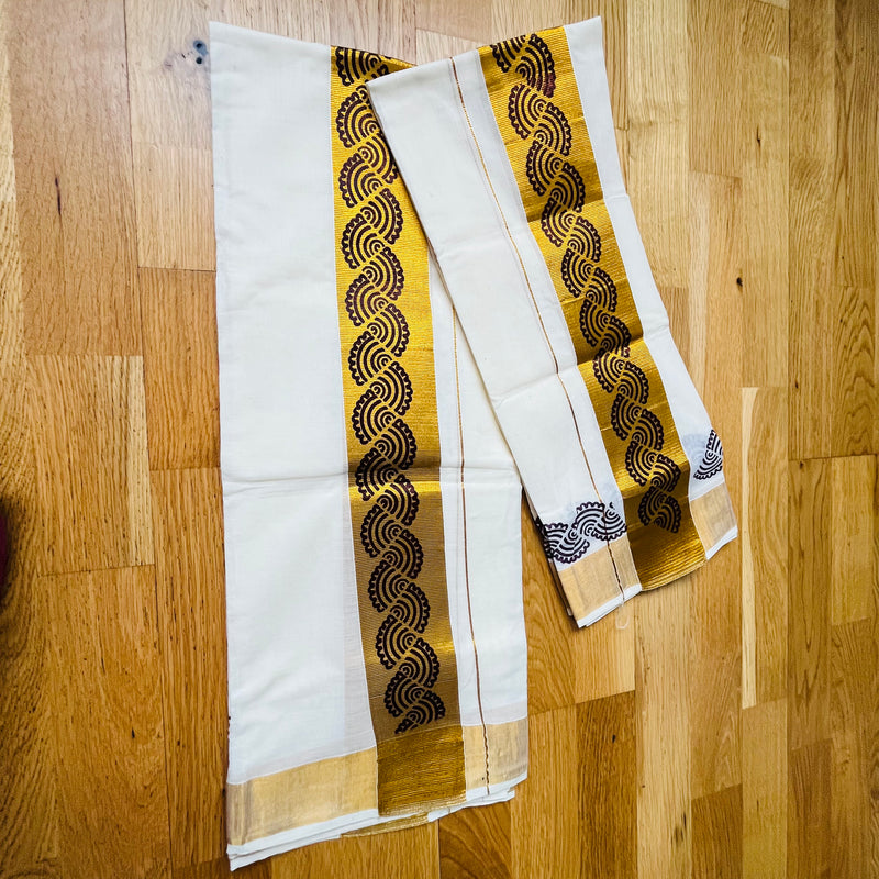 Cotton Set Mundu : Golden Border with Block print