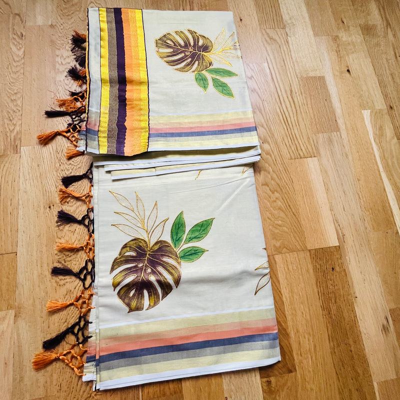 Kerala set Saree, multicolour border with orange and green designs with Embroidery.