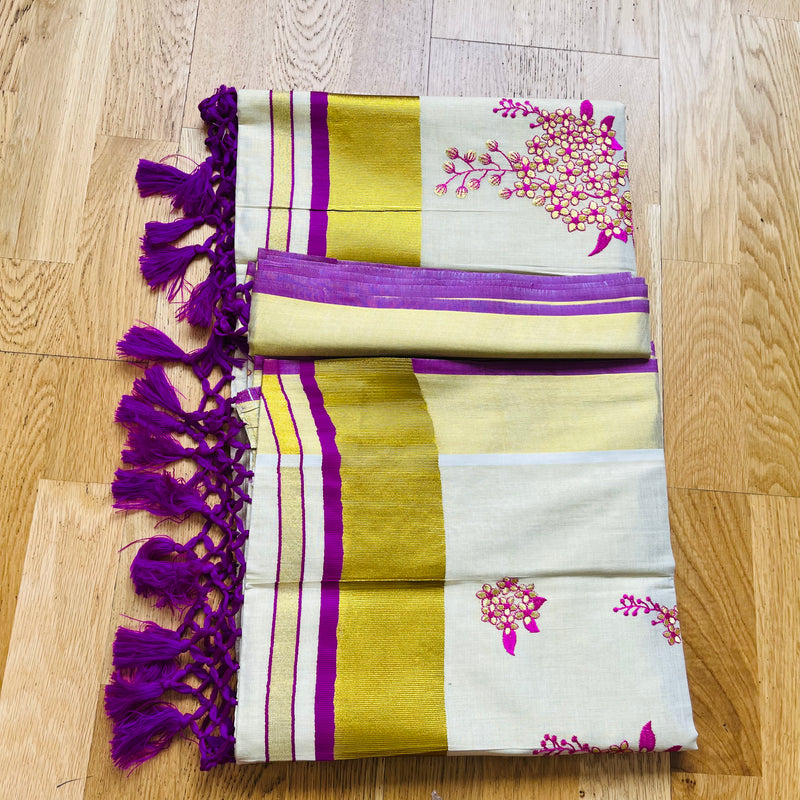 Kerala Set Saree flower Embroidery, Tassels and golden Zari Border.